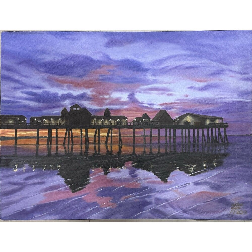 Realism Oil Painting Original Sunset On The Dock 24”x18” Unframed Signed‎